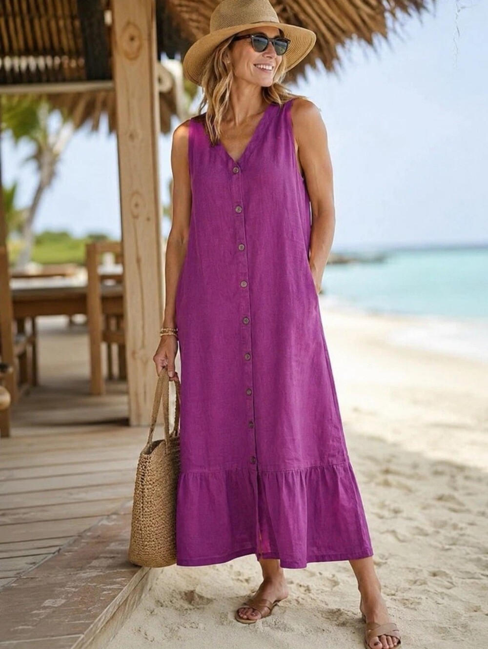 J. Jill Love 100% Linen Tiered Midi Dress S V Neck Button Down Mulberry